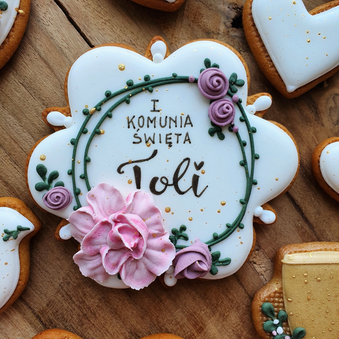 CIASTKO KOMUNIA PLAKIETKA Z KWIATKIEM PODZIĘKOWANIE